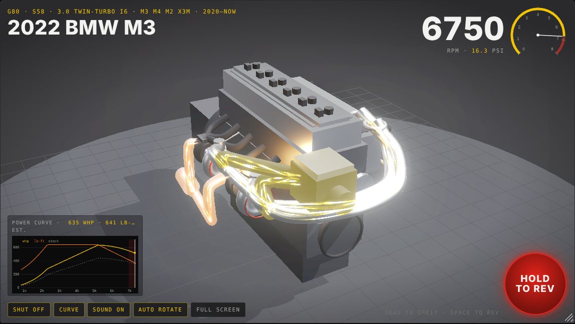 The Eins Build Lab: a 3D S58 engine at redline with its power curve and tach