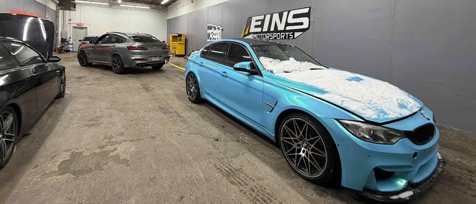 F80 M3 in the shop, snow still on the hood